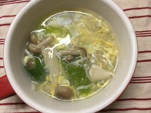 ふわトロとりを作った茹で汁で、キノコネギスープ